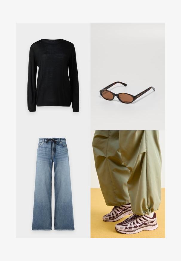 Merenneito villakangas takki, jossa on lovettu kaulus, kaksi etutaskua, nappikiinnitys ja suora siluetti. Teksturoitu kangas, jossa on sileä pinta.; Mustapaita pitkillä hihoilla ja pyöreällä pääntiellä. Valmistettu kevyestä, tekstuurista kankaasta. Yksinkertainen, yksivärinen muotoilu ilman kuvioita tai yksityiskohtia.; Vaaleansiniset leveälahkeiset farkut, joissa on haalistunut pinta. Varustettu säädettävällä vyötäröllä, jossa on musta nauha, ja perinteisillä taskuilla.; Urheilusneakerit harmaan ja tumman violetin kuvion kanssa, joissa on verkkopinta, tukevat hihnat ja kumipohja, yhdistettynä väljiin vihreisiin housuihin.; Kisuton linssit, ruskeilla linsseillä, kulmassa näyttäen "QUAY"-logon oikeassa templessä yksinkertaista taustaa vasten.