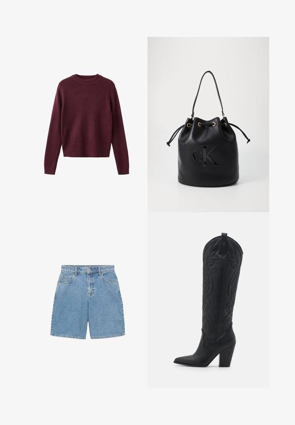 Marinefarbener Wollmantel mit Reverskragen, zwei frontalen Taschen, einer Knopfverschluss und geradem Schnitt. Strukturierter Stoff mit glatter Oberfläche.; Langärmliger Pullover mit Rundhalsausschnitt aus Strick in dunkelburgunderrot, mit gerippten Bündchen und Saum, auf einem weißen Hintergrund präsentiert.; Jeansshorts in hellblau, mit hoher Taille, vier Taschen und sichtbaren Nähten. Aus strukturiertem Denim-Stoff gefertigt.; Zign Cowboy-/Bikerboot - black; Schwarze Leder-Eimer-Tasche mit Kordelzugverschluss, ausgestattet mit einem glänzenden "CK"-Logo auf der Vorderseite und goldfarbenen Hardware-Akzenten.