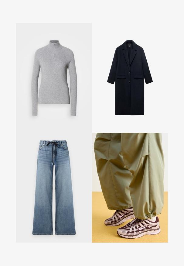 Cappotto di lana navy con colletto a punta, due tasche frontali, chiusura a un bottone e silhouette dritta. Tessuto strutturato con finitura liscia.; Maglione grigio chiaro a coste con colletto alto e zip sul collo. Presenta maniche lunghe e un design aderente.; Jeans in denim a gamba larga di colore blu chiaro con una texture sbiadita. Presentano una vita regolabile con un cordoncino nero e tasche tradizionali.; Scarpe da ginnastica sportive con un design grigio e viola scuro, dotate di una parte superiore in rete, cinghie di supporto e suola in gomma, abbinate a pantaloni verdi larghi.
