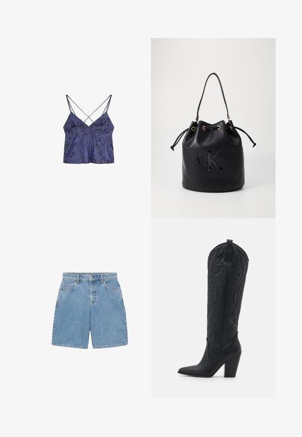 Marineblauwe wollen jas met een geknipte kraag, twee voorzakken, een enkele knoopsluiting en een rechte silhout. Gelaagd stof met een gladde afwerking.; Paarse satijnen camisole met bloemmotief, voorzien van dunne, gekruiste bandjes en een lichte A-lijn vorm, met een zachte, gestructureerde oppervlakte.; Lichtblauwe denim shorts met een hoge taille, vier zakken en zichtbare stiksels. Gemaakt van gestructureerde denimstof.; Zign Cowboy-/Bikerlaarzen - black; Zwarte leren emmer tas met trekkoord sluiting, voorzien van een glanzend "CK" logo aan de voorkant en gouden hardware accenten.
