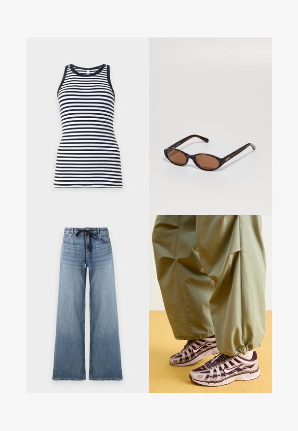 Merenneito villakangas takki, jossa on lovettu kaulus, kaksi etutaskua, nappikiinnitys ja suora siluetti. Teksturoitu kangas, jossa on sileä pinta.; Musta ja valkoinen raidallinen hihaton t-paita, jossa on pyöreä kaula-aukko ja ribbaittu pinta, ominaisuuksiin kuuluu vartaloa myötäilevä muotoilu.; Vaaleansiniset leveälahkeiset farkut, joissa on haalistunut pinta. Varustettu säädettävällä vyötäröllä, jossa on musta nauha, ja perinteisillä taskuilla.; Urheilusneakerit harmaan ja tumman violetin kuvion kanssa, joissa on verkkopinta, tukevat hihnat ja kumipohja, yhdistettynä väljiin vihreisiin housuihin.; Kisuton linssit, ruskeilla linsseillä, kulmassa näyttäen "QUAY"-logon oikeassa templessä yksinkertaista taustaa vasten.