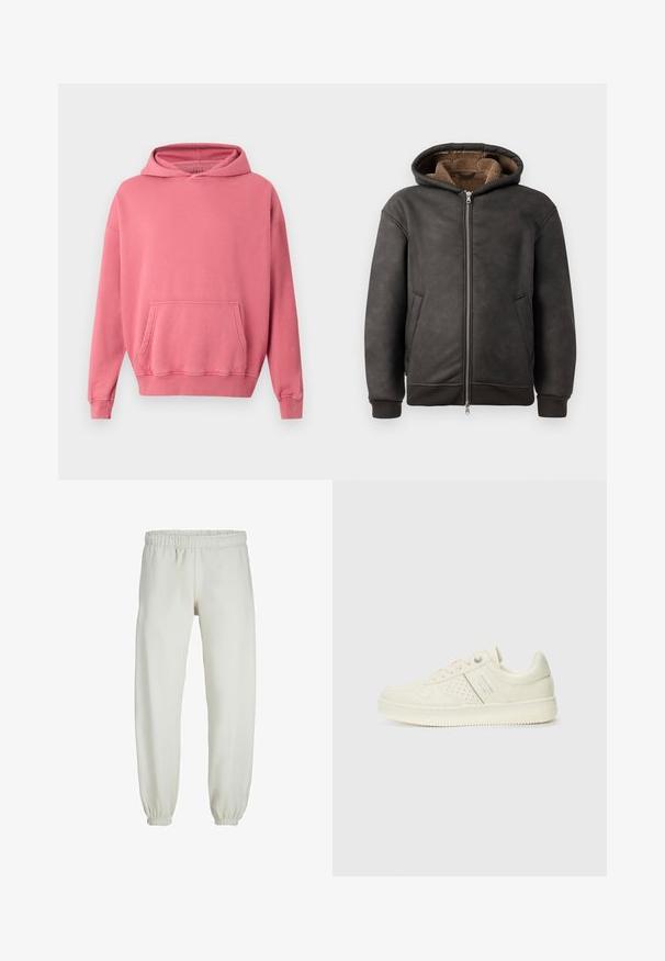 Tamno siva, podstavljena dukserica od kože, s patentnim zatvaračem, dva bočna džepa i mekim smeškim podstavom s kapuljačom i rebrastim manžetama.; Roze dukserica s kapuljačom, s kenguruh džepom, rebrastim manžetama i rubom. Izrađena od mekog, strukturiranog materijala. Jednostavan dizajn, bez vidljivih logotipa ili uzoraka.; Bijele trenirke napravljene od mekanog materijala, s elastikom u struku i na manžetama, glatke teksture i labavog kroja.; Kremasto bijele tenisice s perforiranim detaljima, vezicama i logotipom s bočne strane, prikazane na jednostavnoj bijeloj pozadini.