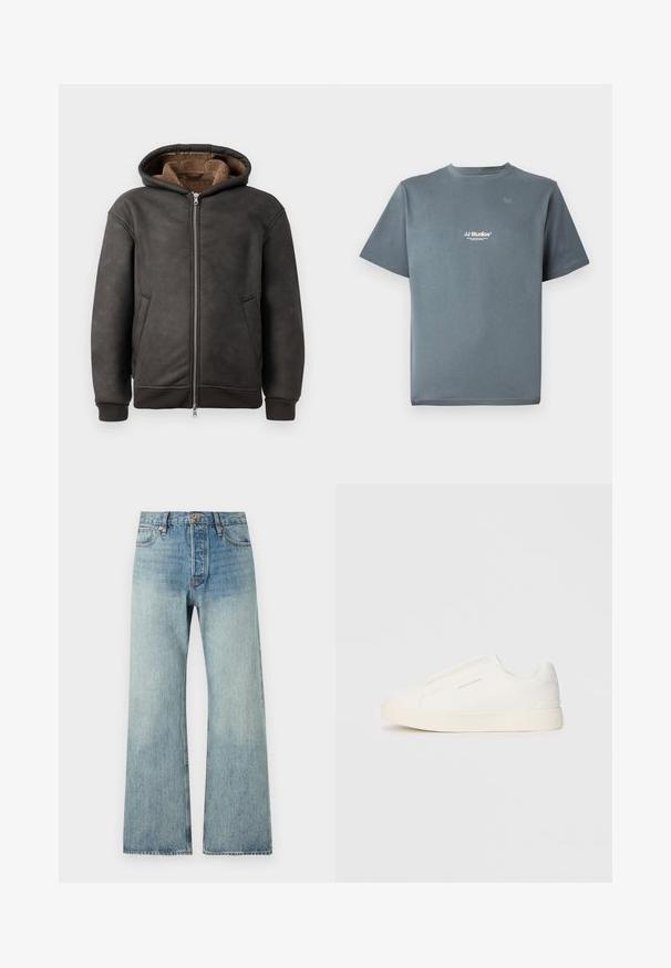 Hanorac căptușit de culoare gri închis, confecționat din piele, având închidere cu fermoar, două buzunare laterale și o căptușeală moale de culoare maronie, cu glugă și manșete ribbate.; Tricou din bumbac gri, cu gât rotund, mâneci scurte și un mic logo alb "JJ Studios" pe piept. Textură netedă și croială lejeră.; Jeans din denim albastru deschis, evazați, cu talie înaltă, accesorii din cupru, cinci buzunare și o ușoară decolorare pentru un aspect purtat.; Tenisi albi slip-on cu o suprafață texturată, talpă groasă și un design minimalist. Prezintă logo-ul brandului pe lateral.