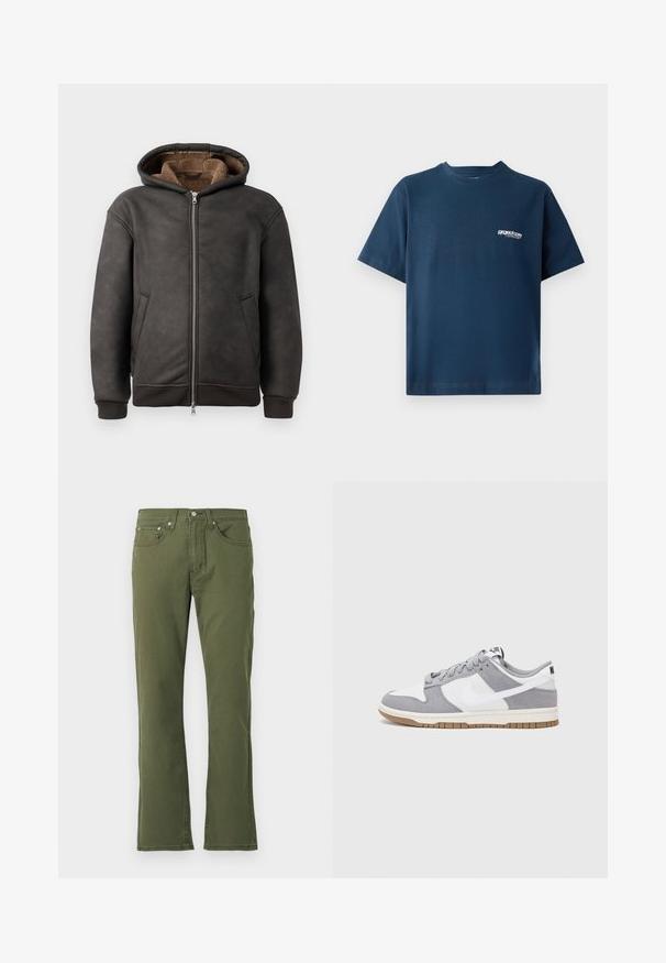 Um hoodie acolchoado de cor cinza escuro, feito de couro, com fecho de zip, dois bolsos laterais e um forro macio castanho, com capuz e punhos canelados.; Camiseta de algodão azul marinho com mangas curtas e decote redondo. Apresenta um pequeno logótipo branco na área do peito esquerdo. Textura suave.; Jeans verdes-oliva brilhantes, feitos de algodão com uma textura suave; apresentam cinco bolsos, fechamento com botão e detalhes de costura sutis.; Sapatilha cinza e branca com um cabedal em camurça e couro, biqueira arredondada, atacadores planos e sola de borracha com um detalhe em boracha.