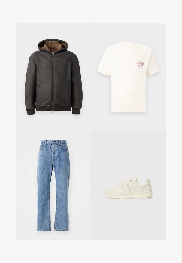 Sötétszürke, bőrből készült, párnázott kapucnis pulóver, cipzáras záródással, két oldalsó zsebbel, puha barna béléssel, kapucnival és bordás mandzsettákkal.; Fehér, rövid ujjú póló, bal mellen piros szöveggel "Studio Originals Edition", semleges szürke háttér előtt.; Világoskék farmernadrág, magas derekú, széles szárú kivitelben, klasszikus öt zsebes stílusban, finom kopással az anyagon.; Krém színű sneaker perforált részletekkel, fűzőkkel és logóval az oldalán, egy sima fehér háttér előtt kiállítva.