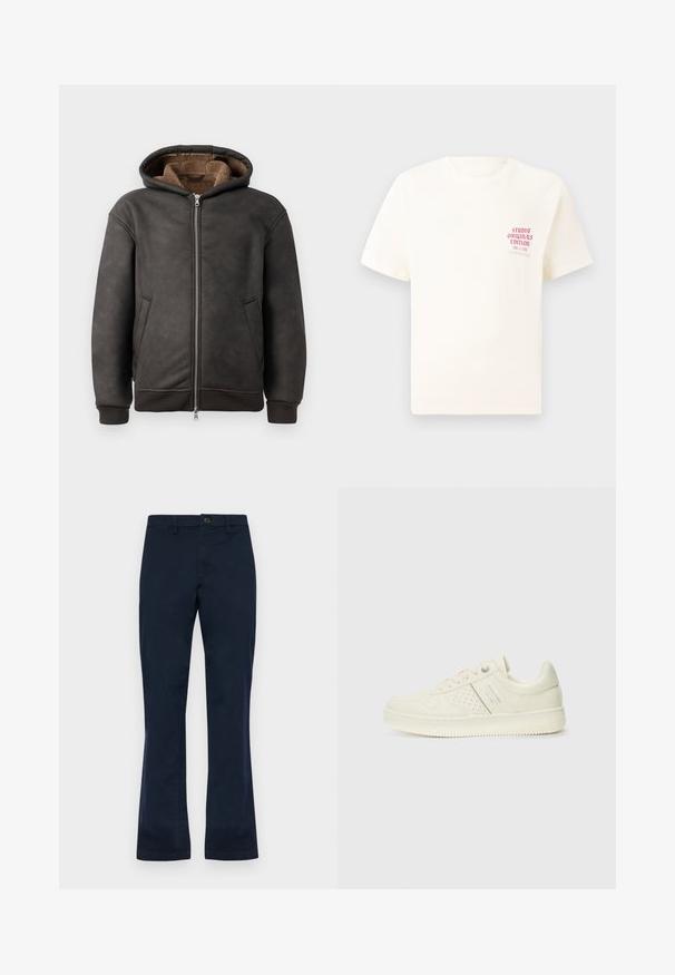 Mörkgrå vadderad hoodie gjord av läder, med dragkedjestängning, två sidofickor och en mjuk brun foder med huva och ribbade ärmslut.; Vit kortärmad T-shirt med röd text "Studio Originals Edition" på vänster bröst, är uppställd på en neutral grå bakgrund.; Mörkblå bomullshängselbyxor med rak benform, med framknäppning, bälteshällor och två sidofickor. Slät textur.; Krämfärgad sneaker med perforerade detaljer, snören och logotyp på sidan, visad mot en enkel vit bakgrund.