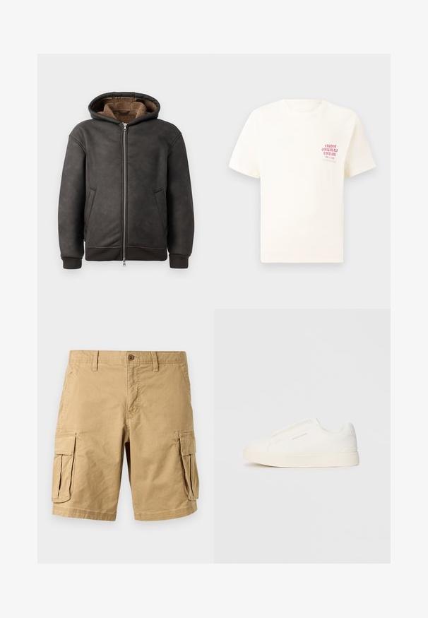 Dark gray padded hoodie made of leather, featuring a zip closure, two side pockets, and a soft brown lining with a hood and ribbed cuffs.; White short-sleeve T-shirt with red text "Studio Originals Edition" on left chest, displayed on a neutral gray background.; Beige cargo shorts made of lightweight cotton, featuring two large side pockets, a button closure, and belt loops. Smooth texture.; White slip-on sneakers with a textured surface, a thick sole, and minimalistic design. Features brand logo on the side.