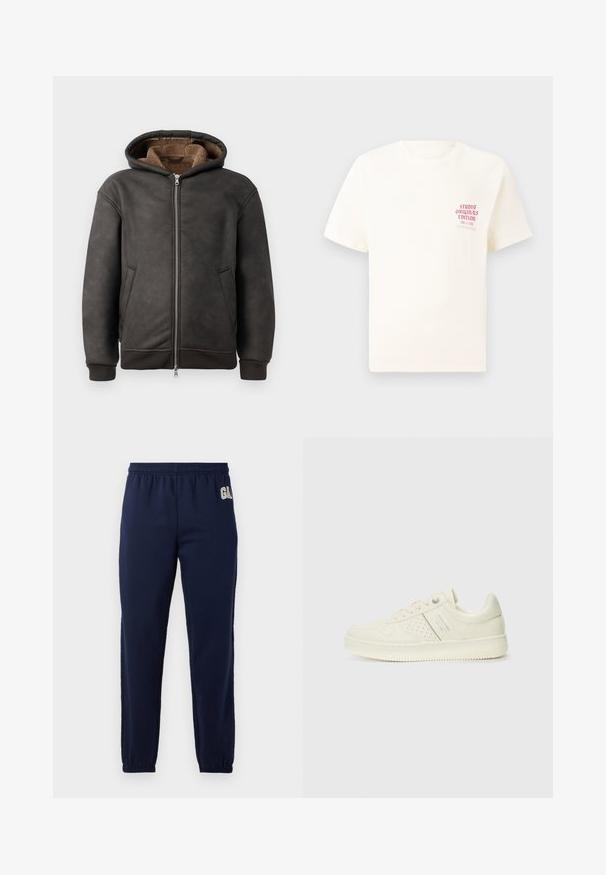 Um hoodie acolchoado de cor cinza escuro, feito de couro, com fecho de zip, dois bolsos laterais e um forro macio castanho, com capuz e punhos canelados.; T-shirt branca de mangas curtas com o texto vermelho "Edição Originais do Estúdio" no lado esquerdo do peito, apresentada sobre um fundo cinza neutro.; Calças de jovem azul marinho com cintura elástica e punhos elásticos, apresentando um pequeno logótipo branco no lado superior esquerdo.; Sapatilha de cor creme com detalhes perfurados, atacadores e logotipo na lateral, apresentada contra um fundo branco liso.