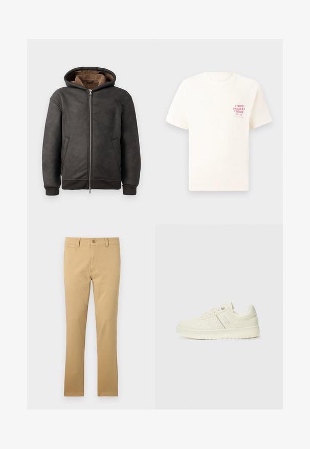 Sötétszürke, bőrből készült, párnázott kapucnis pulóver, cipzáras záródással, két oldalsó zsebbel, puha barna béléssel, kapucnival és bordás mandzsettákkal.; Fehér, rövid ujjú póló, bal mellen piros szöveggel "Studio Originals Edition", semleges szürke háttér előtt.; Kaki pamutnadrág, egyenes lábbal, elülső zsebekkel, gombos záródással és diszkrét szövettextúrával.; Krém színű sneaker perforált részletekkel, fűzőkkel és logóval az oldalán, egy sima fehér háttér előtt kiállítva.