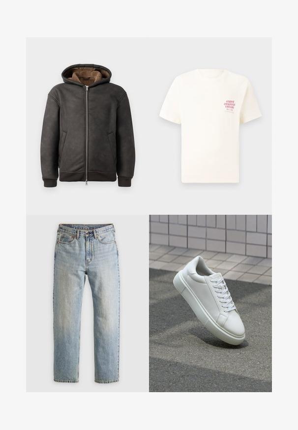 Tumehall värvusega nahast pehme kapuutsiga sviiter, millel on lukuga kinnitamine, kaks küljetaskut ning pehme pruun vooder koos kapuutsiga ja soonikkoes varrukatega.; Valge lühikeste varrukatega T-särk, millel on vasakul rinnal punane tekst "Studio Originals Edition", esitatud neutraalsel hallil taustal.; Heledad hele sinine teksapükste kõrge vöökoht, ees nupuga, lukuga ja viie taskuga disain, asetatud tasasele neutraalsele taustale.; Valge nahkline sneka, millel on sile pind, ümar varvas ja lame valge pael. Omab tekstuuriga kummist talla ja minimaalset kujunduselementi.