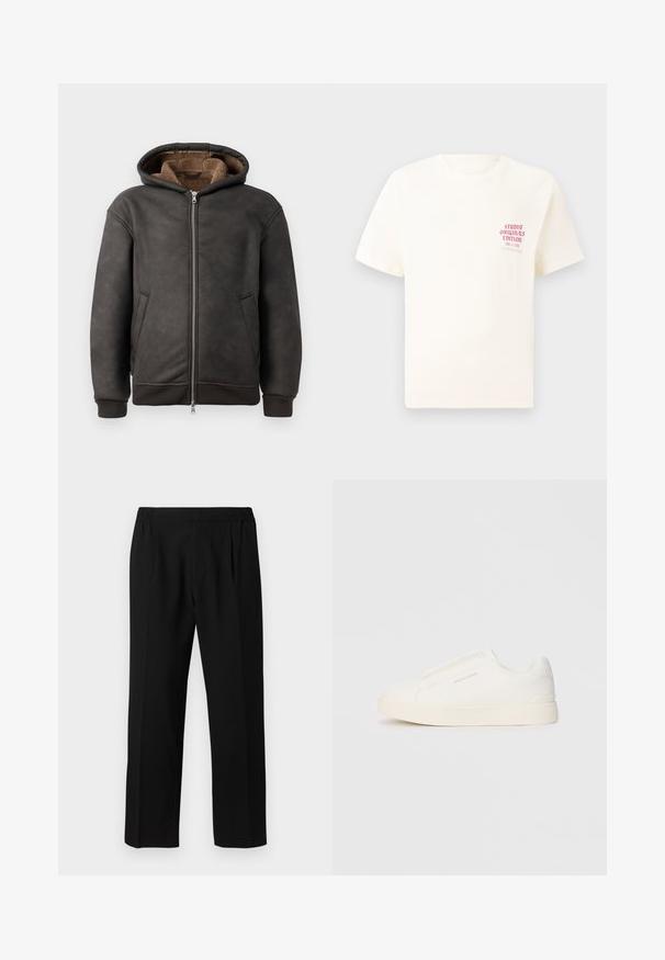 Σκουρό γκρι επενδεδυμένη φούτερ από δέρμα, με κλείσιμο τύπου φερμουάρ, δύο πλευρικές τσέπες και μαλακή καφέ επένδυση, με κουκούλα και πλεκτούς καρπούς.; Άσπρη κοντομάνικη μπλούζα με κόκκινο κείμενο "Studio Originals Edition" στο αριστερό στήθος, παρουσιασμένη σε ουδέτερο γκρι φόντο.; Μαύρο παντελόνι από λεία ύφανση, με ελαστική μέση, ίσια γραμμή και δύο πιέτες μπροστά για επιπλέον λεπτομέρεια.; Λευκά slip-on παπούτσια με υφή, παχύ πάτο και μινιμαλιστικό σχέδιο. Φέρει το λογότυπο της μάρκας στο πλάι.