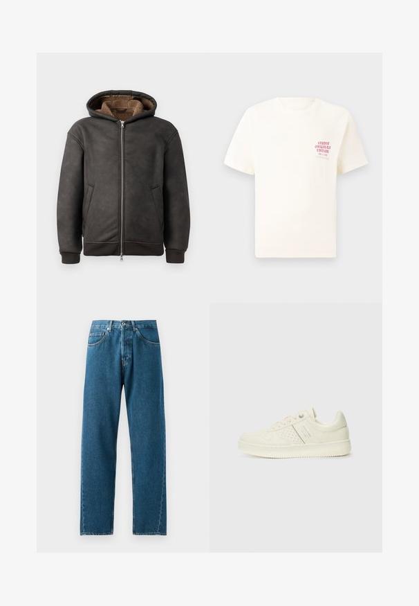 Tumši pelēki polsterēts kapuci, kas izgatavots no ādas, ar rāvējslēdzēja aizdari, divām sānu kabatām un mīkstu brūnu odere, ar kapuci un ribota apkakle.; Balts īsām piedurknēm T-krekls ar sarkanu tekstu "Studio Originals Edition" uz kreisā krūšu, pakārtots neitrālā pelēkā fonā.; Zilas džinsu bikses ar taisnā kāja dizainu, piecām kabatām un jostu cilpiņām. Audums ir ar smalku tekstūru un nodilušām vietām pie kabatām.; Krēmbaltie sporta apavi ar perforētu detaļām, auklām un logotipu sānos, attēloti uz vienkārša baltā fona.