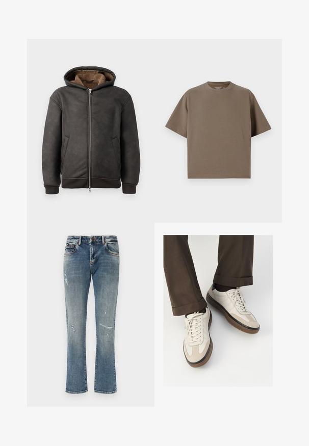 Tumehall värvusega nahast pehme kapuutsiga sviiter, millel on lukuga kinnitamine, kaks küljetaskut ning pehme pruun vooder koos kapuutsiga ja soonikkoes varrukatega.; Pruuni lühikeste varrukatega T-särk, mis on valmistatud pehmest kangast ja millel on ümmargune kaelus. Omab vabalt voolavat lõiget ja lihtsat servade detaili.; Heled sinise denimist teksad sirge sääre lõikega, mis sisaldavad kulumise detaile, viie tasku disaini ning tavalist vöökohta nupulukuga.; Bežid spordijalised, millel on tekstuuriga suede esiosa, siledast nahast küljed ja pruun kummitald. Lisatud on paelad ja heledad õmbluse detailid.