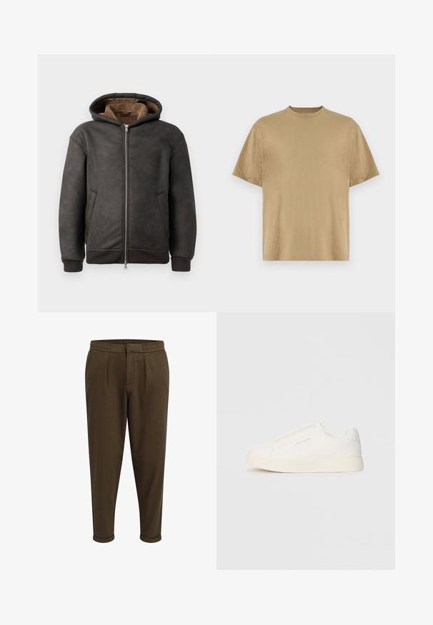 Σκουρό γκρι επενδεδυμένη φούτερ από δέρμα, με κλείσιμο τύπου φερμουάρ, δύο πλευρικές τσέπες και μαλακή καφέ επένδυση, με κουκούλα και πλεκτούς καρπούς.; Χακί κοντομάνικο μπλουζάκι από απαλό ύφασμα, με στρογγυλή λαιμόκοψη και χαλαρή εφαρμογή. Δεν υπάρχουν ορατά σχέδια ή γραφικά.; Redefined Rebel JOHNNY CROPPED SLIM FIT - Παντελόνι - tarmac; Λευκά slip-on παπούτσια με υφή, παχύ πάτο και μινιμαλιστικό σχέδιο. Φέρει το λογότυπο της μάρκας στο πλάι.
