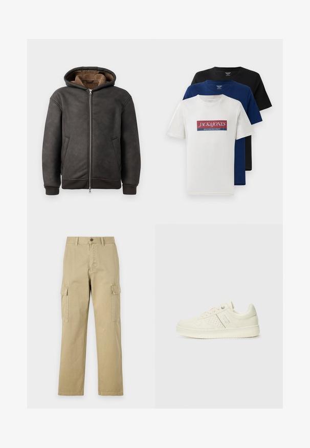 Σκουρό γκρι επενδεδυμένη φούτερ από δέρμα, με κλείσιμο τύπου φερμουάρ, δύο πλευρικές τσέπες και μαλακή καφέ επένδυση, με κουκούλα και πλεκτούς καρπούς.; Τρία στοιβαγμένα κοντομάνικα μπλουζάκια με κωδικό crew neck σε λευκό χρώμα με κόκκινο και μπλε λογότυπο, ναυτικό μπλε και μαύρο, τοποθετημένα σε λευκό φόντο.; Μπεζ cargo παντελόνια φτιαγμένα από βαμβάκι, με δύο πλάγιες τσέπες, κουμπί κλεισίματος και ίσια πόδια με ελαφρώς υφαντό ύφασμα.; Αθλητικό παπούτσι σε κρέμα χρώμα με διάτρητη λεπτομέρεια, κορδόνια και λογότυπο στο πλάι, τοποθετημένο σε λευκό φόντο.