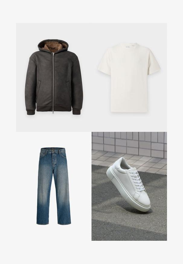 Tumehall värvusega nahast pehme kapuutsiga sviiter, millel on lukuga kinnitamine, kaks küljetaskut ning pehme pruun vooder koos kapuutsiga ja soonikkoes varrukatega.; Valge lühikeste varrukatega T-särk ribakudumises. Ümar kaelus, mugav lõige, nähtavad mustrid ega aksessuaarid puuduvad. Lihtne ja mitmekesine disain.; Sinine teksapüksid, millel on mugav lõige, sirge sääre disain, peen kerge pleekimine ja brändi vööde tag, mis toob detaili esile.; Valge nahkline sneka, millel on sile pind, ümar varvas ja lame valge pael. Omab tekstuuriga kummist talla ja minimaalset kujunduselementi.
