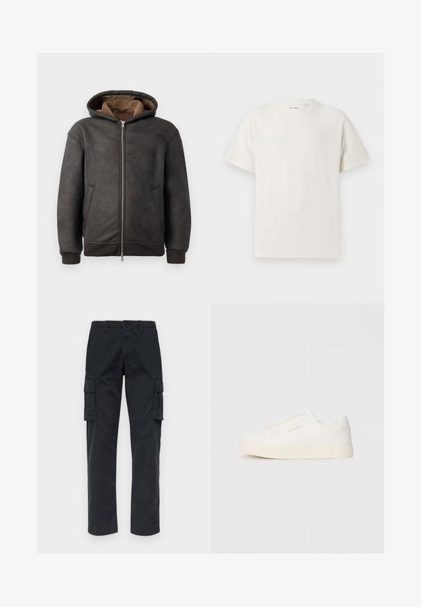 Tamsiai pilkas paminkštintas džemperis, pagamintas iš odos, su užtrauktuku, dviem šoninėmis kišenėmis ir švelnia rudą pamušalu, su gobtuvu ir guma apyrankėmis.; Balta trumpa rankovė T-polo marškinėlių su juostelėmis tekstūra. Apvalus iškirpimas, laisvas fasonas, jokių matomų raštų ar akcentų. Paprastas ir universalus dizainas.; Juodos krovinių kelnės, pagamintos iš tvirto audinio, su dviem šoninėmis kišenėmis, tiesiomis kojomis ir mygtukiniu užsegimu juosmens srityje.; Baltos slip-on sportbačiai su tekstūruota paviršiumi, storesniu padu ir minimalistišku dizainu. Šone matosi prekės ženklo logotipas.
