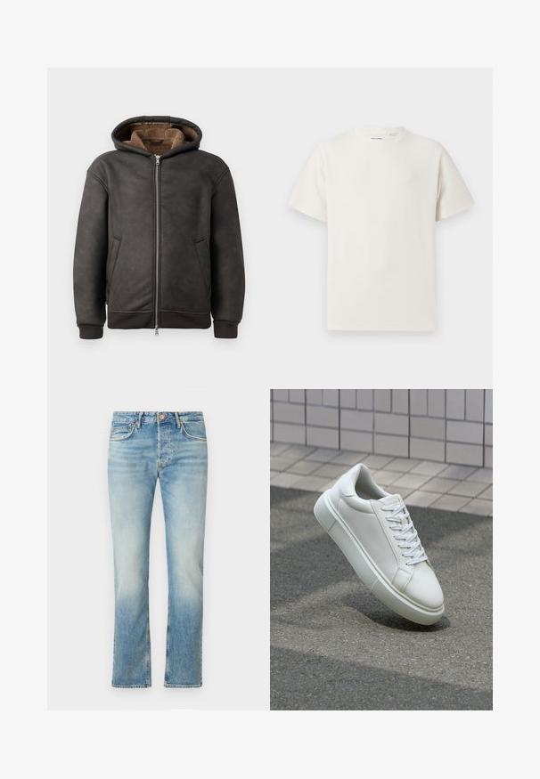 Tumši pelēki polsterēts kapuci, kas izgatavots no ādas, ar rāvējslēdzēja aizdari, divām sānu kabatām un mīkstu brūnu odere, ar kapuci un ribota apkakle.; Balta krūštura īsām piedurknēm ar ribota auduma faktūru. Apaļš kakla izgriezums, brīvs griezums, bez redzamām rakstām vai akcentiem. Vienkāršs un daudzpusīgs dizains.; Gai zilgani džinsi ar taisnu kāju griezumu, ar nolietotu tekstūru, piecām kabatām, priekšējo pogu aizdari un smalkām izšuvuma detaļām.; Baltas ādas sporta apavi ar gludu virsmu, apaļu pirkstu un plakanām baltām šņorēm. Iezīmējas ar strukturētu gumijas zoli un minimālisma dizaina elementiem.