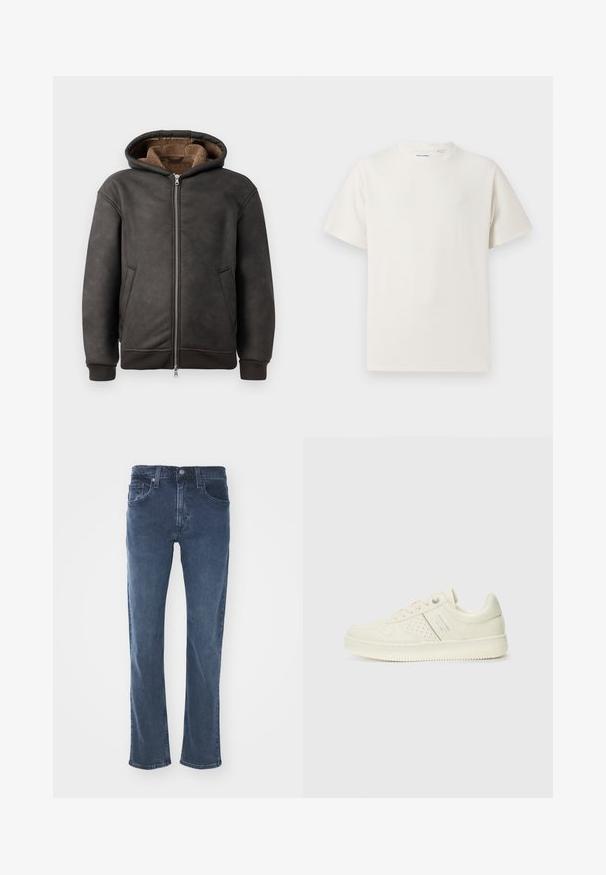 Dark gray padded hoodie made of leather, featuring a zip closure, two side pockets, and a soft brown lining with a hood and ribbed cuffs.; White short-sleeve T-shirt in a ribbed texture. Round neckline, relaxed fit, no visible patterns or accents. Simple and versatile design.; Dark blue denim jeans with a straight cut, five-pocket design, subtle stitching details, and a classic waistband with a button closure.; Cream-colored sneaker with perforated detailing, laces, and logo on the side, displayed against a plain white background.