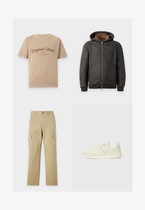 Sötétszürke, bőrből készült, párnázott kapucnis pulóver, cipzáras záródással, két oldalsó zsebbel, puha barna béléssel, kapucnival és bordás mandzsettákkal.; Beige pamut póló rövid ujjakkal, melyen egy barna, vintage stílusú nyomat található, amely az "Originals Studio" feliratot tartalmazza, valamint további szöveget alatta.; Beige vászon cargo nadrág, két oldalsó zsebbel, gombos záródással, egyenes lábakkal és enyhén texturált anyagból készült.; Krém színű sneaker perforált részletekkel, fűzőkkel és logóval az oldalán, egy sima fehér háttér előtt kiállítva.