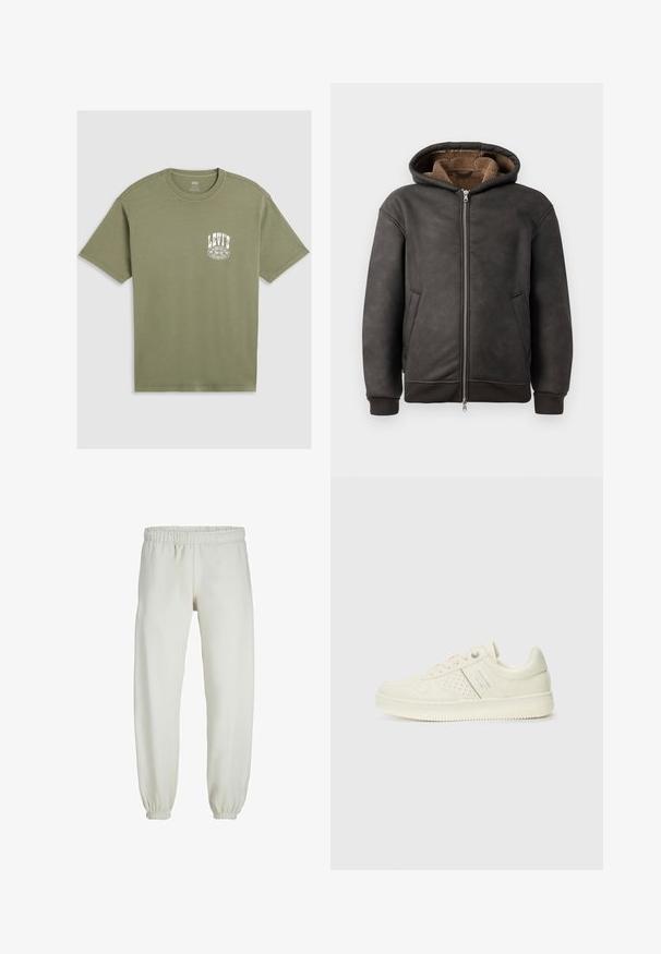 Sudadera acolchada gris oscuro hecha de cuero, con cierre de cremallera, dos bolsillos laterales y un suave forro marrón con capucha y puños acanalados.; Camiseta de algodón verde oliva con cuello redondo, mangas cortas y un logotipo blanco de Levi's impreso en el pecho izquierdo. Textura suave, corte casual.; Pantalones de chándal blancos hechos de una tela suave, con cinturilla y puños elásticos, que presentan una textura suave y un diseño holgado.; Zapatilla color crema con detalles perforados, cordones y logotipo en el lateral, exhibida sobre un fondo blanco liso.