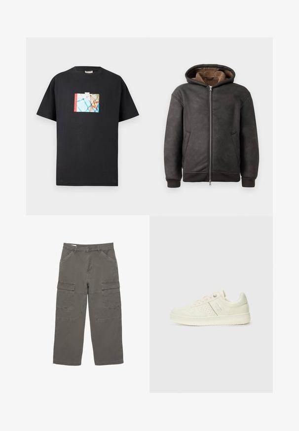 Sötétszürke, bőrből készült, párnázott kapucnis pulóver, cipzáras záródással, két oldalsó zsebbel, puha barna béléssel, kapucnival és bordás mandzsettákkal.; Fekete pamut póló, amelyen egy kosárlabdapalánk grafikai nyomata található kék háttéren, piros "parkwayCOURTS" felirattal kiegészítve.; Horizontálisan szürke, pamut anyagból készült cargo nadrág, két oldalzsebbel és két nagy elülső cargo zsebbel, egyenes lábszárral.; Krém színű sneaker perforált részletekkel, fűzőkkel és logóval az oldalán, egy sima fehér háttér előtt kiállítva.