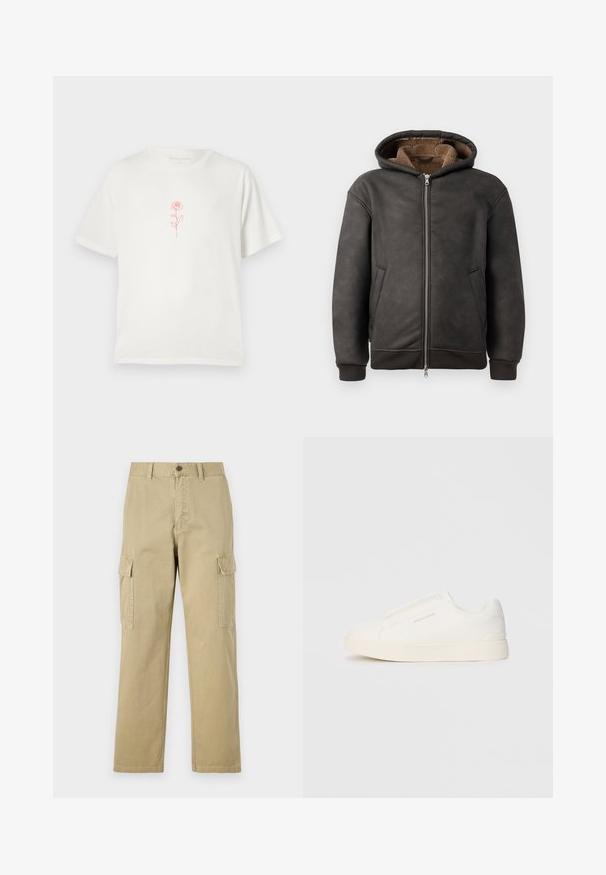 Um hoodie acolchoado de cor cinza escuro, feito de couro, com fecho de zip, dois bolsos laterais e um forro macio castanho, com capuz e punhos canelados.; Camiseta de cor creme com um simples gráfico de rosa vermelha no centro, sobre um fundo branco liso.; Calças cargo bege feitas de algodão, com dois bolsos laterais, fecho de botão e pernas retas com um tecido ligeiramente texturizado.; Sapatilhas brancas de atacar com uma superfície texturizada, sola grossa e design minimalista. Possui o logo da marca na lateral.