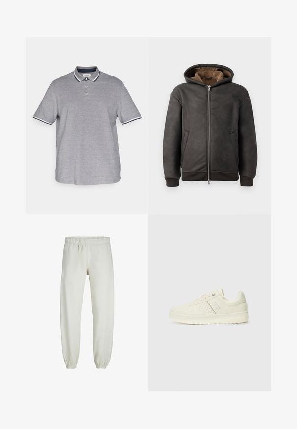 Tamsiai pilkas paminkštintas džemperis, pagamintas iš odos, su užtrauktuku, dviem šoninėmis kišenėmis ir švelnia rudą pamušalu, su gobtuvu ir guma apyrankėmis.; Jack & Jones JJEPAULOS SS NOOS PLS - Polo marškinėliai - blue depths; Baltos sportinės kelnės, pagamintos iš minkštos medžiagos, su elastinga juosmeniu ir rankogaliais, turinčios lygią tekstūrą ir laisvą siluetą.; Kremo spalvos sportbačiai su perforuotomis detalėmis, raišteliais ir logotipu šone, išdėstyti prieš paprastą baltą foną.