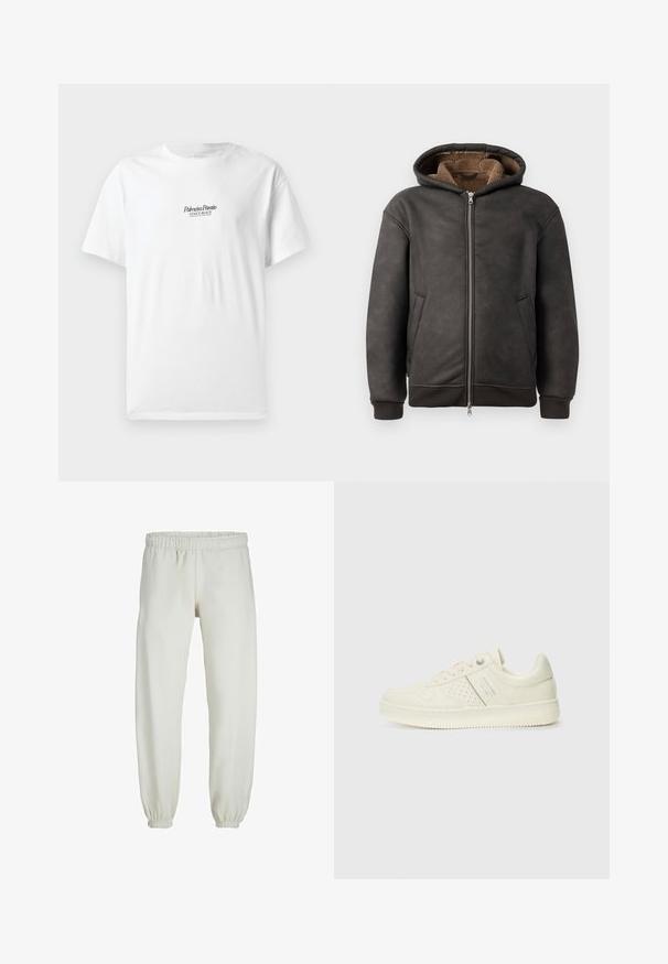 Hanorac căptușit de culoare gri închis, confecționat din piele, având închidere cu fermoar, două buzunare laterale și o căptușeală moale de culoare maronie, cu glugă și manșete ribbate.; Tricou alb din bumbac, cu mâneci scurte, având textul "Palmiera Pantó" și "VENICE BEACH" scris cu litere negre pe față.; Pantaloni de trening albi, realizati dintr-un textile moale, avand talie elastica si mansete, cu o textura fina si un design lejer.; Adidași crem cu detalii perforate, șireturi și logo pe lateral, expuși pe un fundal alb simplu.