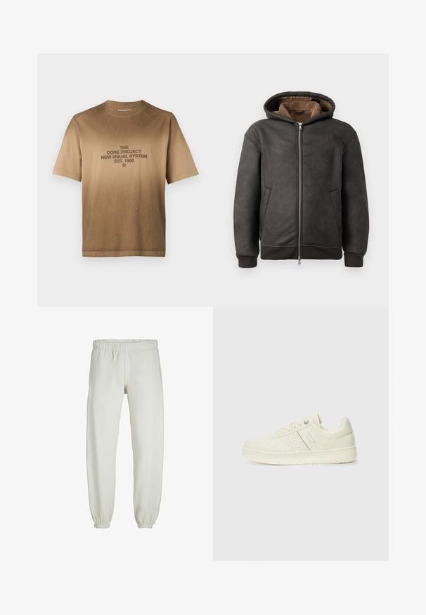 Dark gray padded hoodie made of leather, featuring a zip closure, two side pockets, and a soft brown lining with a hood and ribbed cuffs.; Brown cotton t-shirt with short sleeves, featuring a centered graphic in dark brown text. Classic crew neckline, straight hem.; White sweatpants made from soft fabric, featuring an elastic waistband and cuffs, with a smooth texture and loose-fitting design.; Cream-colored sneaker with perforated detailing, laces, and logo on the side, displayed against a plain white background.