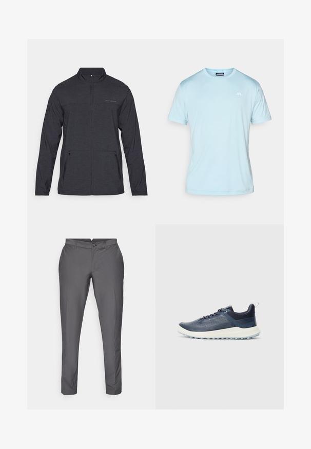 Čierna bunda s dlhým rukávom a zipsovou golierom, dvoma bočnými vreckami a nenápadným logom na hrudi. Hladká textúra, ľahká tkanina.; Svetlo modré tričko s krátkym rukávom vyrobené z mäkkej tkaniny, s okrúhlym výstrihom a malým bielym logom na hornej ľavej strane.; Sivé nohavice vyrobené z hladkej tkaniny. Majú strih prispôsobený postave s plochým predným dielom, pútkami na opasok a gombíkovým zapínaním. Klasický dizajn.; Námořnické modré nízké tenisky s perforovaným koženým vrchom, bielou podrážkou, polstrovaným golierom, šnurovaním a textúrovanou podošvou pre lepšiu priľnavosť.
