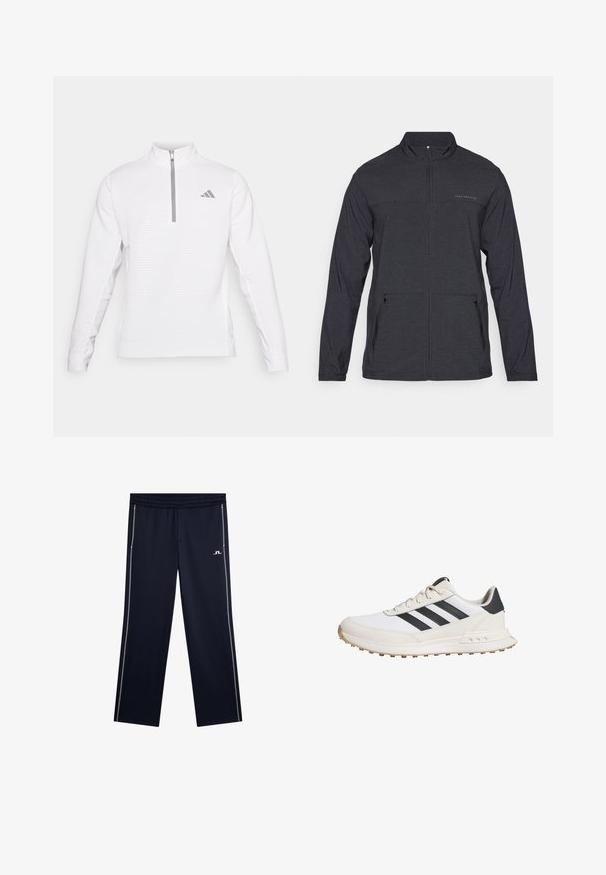 Giacca nera a maniche lunghe con colletto zippato, due tasche laterali e un logo discreto sul petto. Tessuto liscio, materiale leggero.; Pullover bianco a maniche lunghe con zip a quarto, realizzato in tessuto testurizzato, caratterizzato da un motivo a coste e dal logo grigio di Adidas sul petto.; Pantaloni sportivi navy con vestibilità comoda, realizzati in tessuto morbido. Presentano strisce laterali riflettenti e una vita elasticizzata per il massimo comfort.; Scarpe da ginnastica bianche con strisce nere, dotate di una suola in gomma testurizzata, parte superiore in pelle liscia e colletto imbottito per supporto.