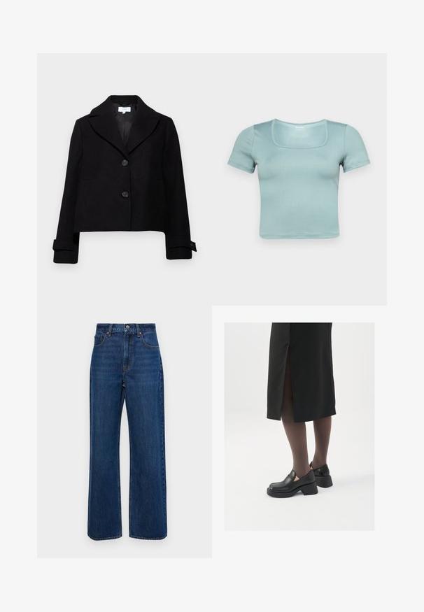 Crna skraćena jakna s izrezanim ovratnikom, dva prednja gumba i dugmadi na rukavima. Izrađena je od tkanine glatke teksture.; Kratki rukavi skraćen top u svijetloplavoj boji; ima četvrtasti dekolte, glatku teksturu i uski dizajn za suvremen izgled.; Tamno plave široke traperice od denima, s visokim strukom, pet džepova i vidljivim šavovima duž šavova.; Crne kožne cipele s zaobljenim vrhom, debelim blok petama i elastičnim bočnim detaljima, uparene s tamnim čarapama i crnom suknjom s prorezom.