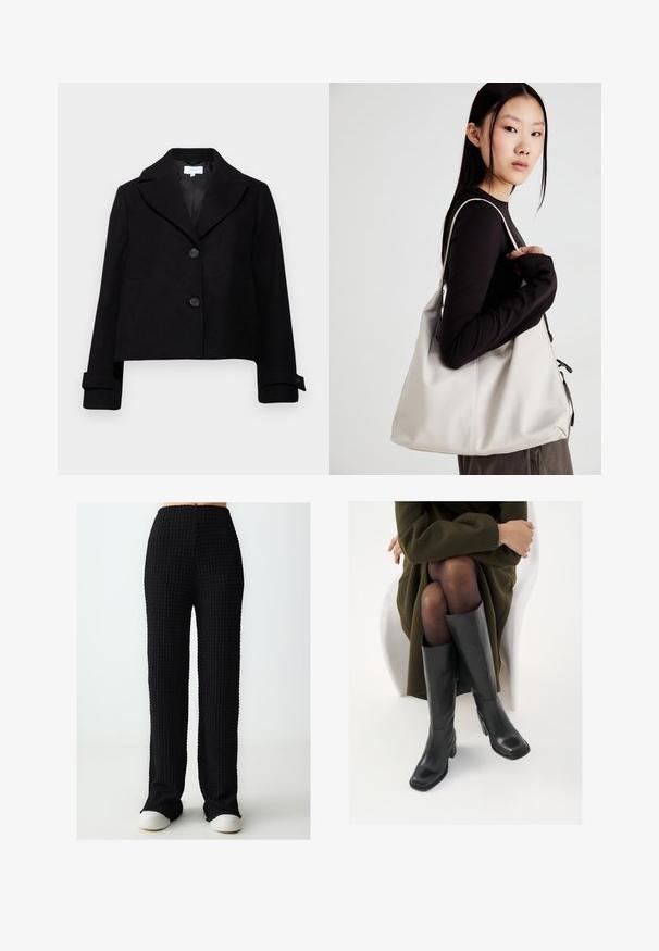 Schwarze, verkürzte Jacke mit einem Reverskragen, zwei vorderen Knöpfen und knöpfigen Bündchen. Hergestellt aus einem Stoff mit glatter Textur.; Weißes T-Shirt mit kurzen Ärmeln aus weichem Baumwollstoff, mit einem runden Ausschnitt und lässigem Schnitt mit geradem Saum, schlicht ohne Muster oder Grafiken.; Schwarze, strukturierte, weit geschnittene Hosen mit hoher Taille und elastischem Bund. Der Stoff weist ein gitterartiges Muster auf. Kombiniert mit weißen Sneakers.; Knöchelhöhe schwarze Lederstiefel mit quadrater Spitze und Blockabsatz, gezeigt mit einem Modell, das einen olivgrünen Mantel trägt. Glatte Textur, minimale Details.; Beige Handtasche aus weichem Material, mit einem lässigen Design, gesteppten Details und zwei Schulterriemen. Geeignet für den täglichen Gebrauch.