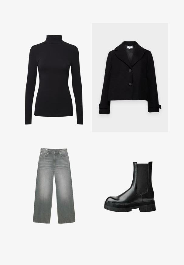 Črni skrajšan dame jakna s poševnim ovratnikom, dvema sprednjima gumboma in gumbnimi manšetami. Narejena iz tkanine z gladko teksturo.; Črna dolga majica s turtleneck ovratnikom iz mehkega, raztegljivega materiala, ki ima telesno prileganje in brezšivno konstrukcijo za gladek videz.; Sive široke kavbojke iz denima z rahlo zbledelim videzom, zasnovo petih žepov ter klasičnim gumbom in zadrgo.; Črni usnjeni gležnjar z elastičnim stranskim delom, okroglo konico, debelim platformnim podplatom in teksturirano zgornjo plastjo za boljši oprijem.