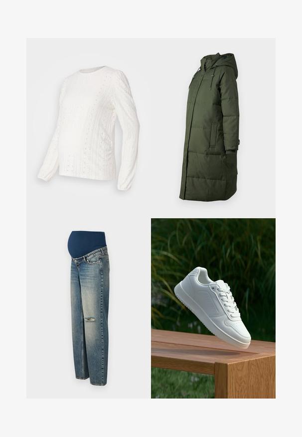 Palton puf lung, de culoare verde închis, dotat cu glugă, buzunare frontale și mansete elastice, realizat dintr-un material neted și durabil.; Cămașă albă cu mâneci lungi, prezentând modele texturate, detalii cu perforații, manșete cu nervuri și un decolteu rotund, concepută pentru îmbrăcămintea de maternitate.; Jeans de maternitate cu o talie elastică de culoare albastru închis și picioare din denim de culoare albastru deschis, uzate. Prezintă un detaliu rupt pe un genunchi.; Sneaker alb cu un upper sintetic neted, cu vârf perforat, șireturi plate și o talpă texturată, expus pe o suprafață de lemn.