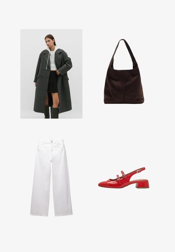 Šedý vlněný kabát s dvojitým zapínáním, velkými klopami a bočními kapsami, v kombinaci s krátkým bílým hoodiem a černou plisovanou sukní.; Námořnický pruhovaný rolák s cropped střihem a širokými rukávy, s olemovaným límcem a ohrnutými manžetami. Měkká textura.; Bílé široké džíny vyrobené z denimu. Obsahují zapínání na knoflík, přední a zadní kapsy a šité švy. Hladká textura s minimálními detaily.; Červená lakovaná střevíčková bota s špičatou špičkou, dvěma nastavovacími popruhy s přezkami a nízkým čtvercovým podpatkem. Hladký, lesklý povrch.; Hnědá semišová taška přes rameno s širokým plochým uchem. Měkký, neformální design se vyznačuje středovým švem. Bez viditelného kování nebo zdobení.