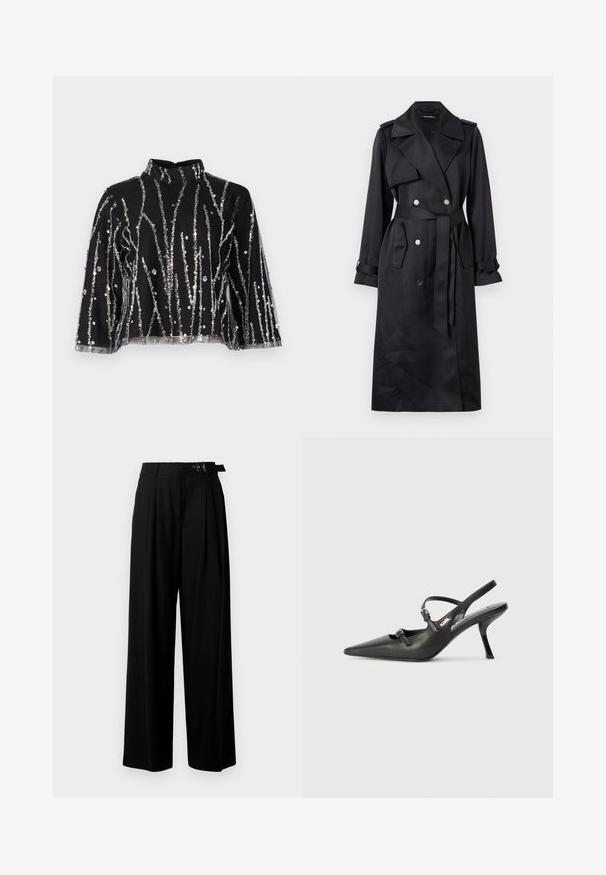 Black trench coat made of smooth fabric, featuring double-breasted front with silver buttons, a belted waist, and wide lapels.; Black cropped top with high neck, featuring silver sequined vertical lines, sheer sleeves, and textured fabric.; Black wide-leg trousers with a high waist, pleats at the front, and a belt featuring a buckle. Made from smooth, lightweight fabric.; Black leather slingback heels with a pointed toe, slender heel, and decorative buckle detail on the vamp. Smooth texture and sleek design.