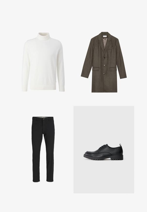 Dunkelolivgrüner, knielanger Wollmantel mit Revers, drei vorderen Knöpfen, zwei Taschen mit Klappen und einer Brusttasche, vollständig gefüttert.; s.Oliver À COL ROULÉ - Strickpullover - ecru; Schwarze Baumwollmischungshose mit schmalem Schnitt, gekennzeichnet durch einen Knopfverschluss, Taschen und umgeschlagenen Säumen für einen lässigen Abschluss.; Schwarze Lederschuhe mit glatter Textur, runder Zehenform, Schnürung an der Vorderseite und einer robusten Gummisohle mit einem profilierten Muster.