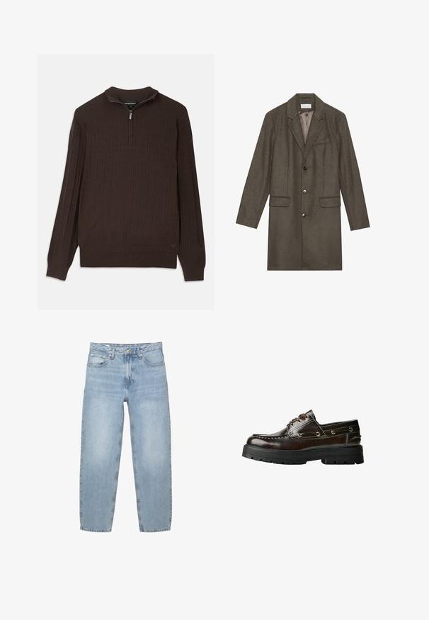 Sötét olajzöld, térd középig érő gyapjú kabát, hajtott gallérral, három elülső gombbal, két hajtókás zsebbel és egy mellsz zsebbek, teljesen bélelt belsővel.; Barna kötött pulóver negyedcipzáras gallérral. Kiemelkedő négyzetes mintázattal rendelkezik. Hosszú ujjú, egyenes aljú.; Világoskék farmernadrág, laza fazon, magas derekú, öt zsebes dizájn, gombos és cipzáras nyitás, egyenes lábak, enyhén rojtos szegéllyel.; Barna bőr csónakcipő, gumitalppal, varrási részletekkel, fém fűzőlyukakkal és fűzős kialakítással. Masszív, könnyű szerkezet.