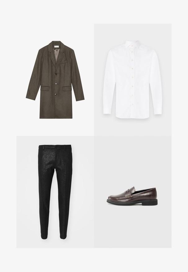 Mørk olivengrønn, ullkåpe til kneet med hakkede lapels, tre frontknapper, to klaffelommer og en brystlomme, fullt foret innvendig.; Hvit langermet skjorte laget av bomull med klassisk krage og knapplukking. Har åtte lyse knapper langs knapluken.; Sorte bukser med en shiny, struktureret overflade. Skræddersyet design, tætsiddende pasform, med knaplukning og bæltestropper.; Brune lærloafers med en glat finish, der har en subtil syet detalje på overdelen og en sort gummisål.