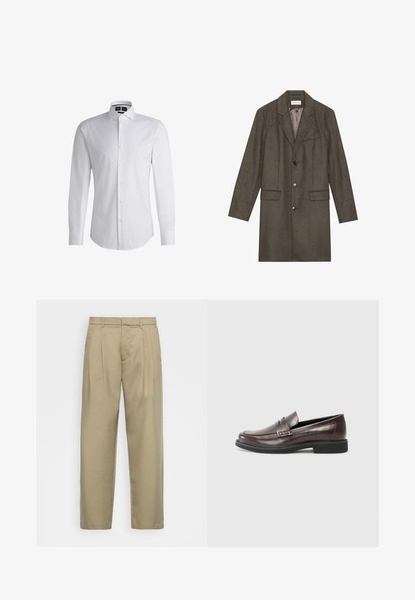 Sötét olajzöld, térd középig érő gyapjú kabát, hajtott gallérral, három elülső gombbal, két hajtókás zsebbel és egy mellsz zsebbek, teljesen bélelt belsővel.; Fehér, hosszú ujjú, gombos ing, hegyes gallérral, sima anyagból készült. Jellemzője a ívelt alj és a gyöngyház gombok az elején.; Beige, magas derékú, egyenes szabású nadrág, lapos elejével, oldalsó zsebeivel és sima, textúrált anyagával.; Barna bőr loaferek sima felülettel, finoman varrott részletekkel a felső részen és fekete gumitalppal.