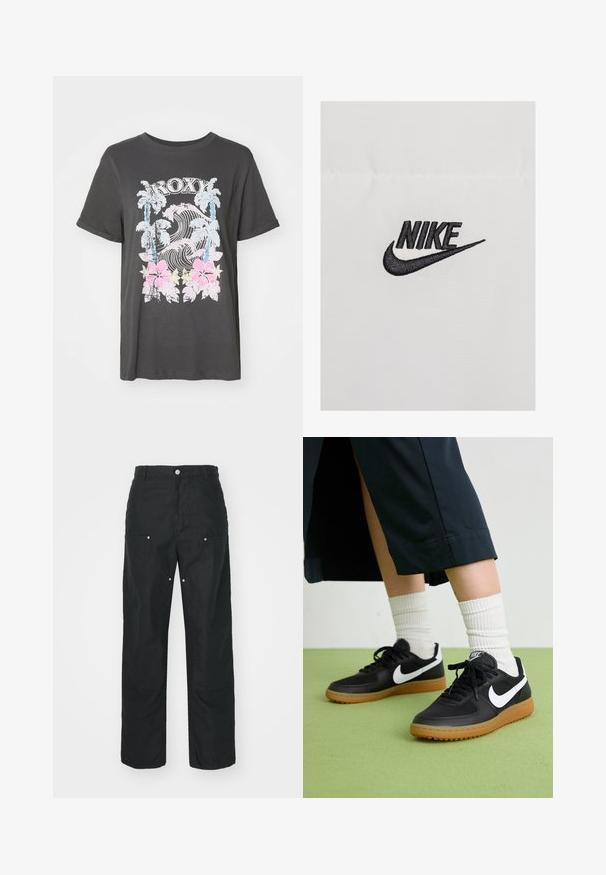 Logo "NIKE" bordado en negro sobre un fondo de tela blanca, con un diseño de swoosh curvado, creando un fuerte contraste.; Camiseta de algodón negra con un logo de Roxy, palmeras, olas y flores de hibisco rosa en un diseño gráfico vintage desgastado.; Pantalones negros con un diseño de pierna recta, hechos de una tela texturizada. Presentan adornos de metal plateado decorativos y un diseño de costura único.; Zapatillas de cuero negro y sintético con el swoosh blanco de Nike, suela de goma, punta redonda y cordones negros. Calcetines blancos acanalados visibles.
