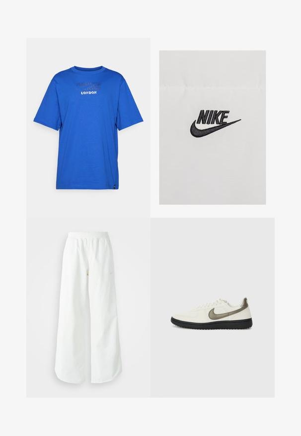 Zwart geborduurd "NIKE"-logo op een witte stoffen achtergrond, met een gebogen swoosh-ontwerp dat een sterk contrast creëert.; Blauw katoenen t-shirt met een ronde hals, korte mouwen en een gestreepte print met "LONDON" op de voorkant. Geen patronen of accenten.; Witte atletische broek met wijde pijpen, een geribde tailleband en subtiele logodetails. Soepele stof met een relaxte pasvorm en taps toelopende zoom.; Nike Sportswear FIELD GENERAL - Sneakers laag - off-white/black