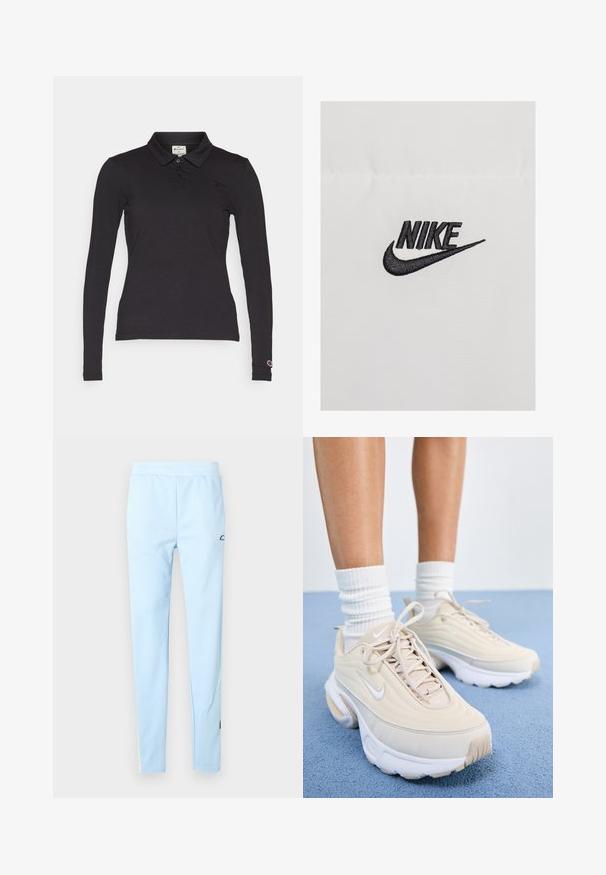 Sorte broderet "NIKE" logo på en hvid stofbaggrund, med et buet swoosh-design, der skaber en skarp kontrast.; Champion ICONS LONG SLEEVE - Langærmet T-shirt - black; Lys blå træningsbukser med en glat tekstur, elastisk talje og en subtil mønster. Har et logo nær hoften og farvede detaljer ved kanten.; Beige sportsko med en struktureret overdel, hvide snørebånd og en tyk hvid sål. Designet har subtile kurver og et lille logo.