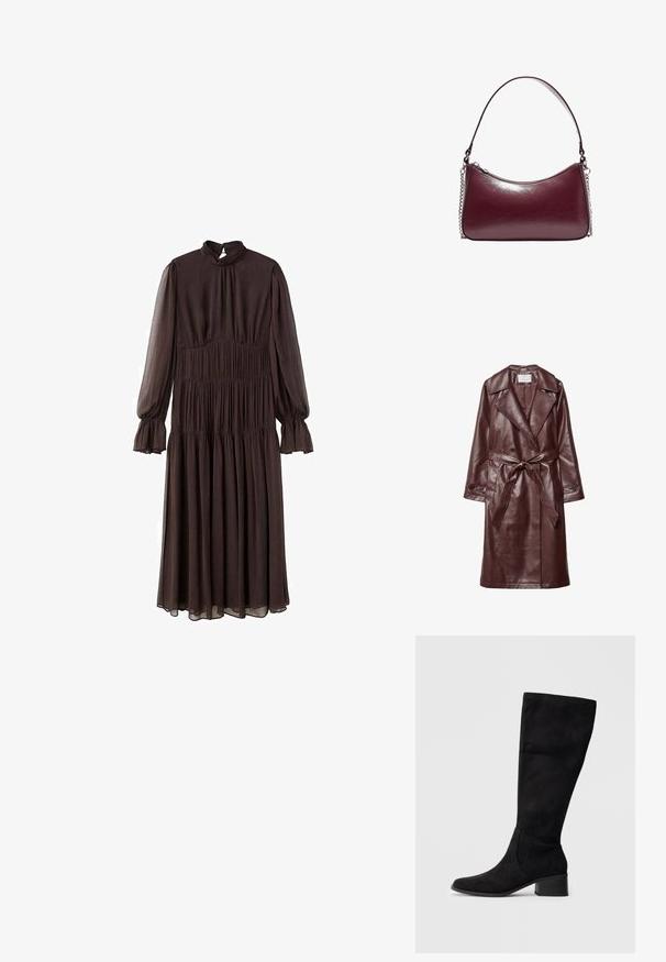 Bordový trenčkot z faux kože so širokými klopami, dvojradovým zapínaním, opaskom v páse a vreckami so chlopňami na bielom pozadí.; Hnedé šaty s dlhým rukávom a vysokým výstrihom, s naťahovaným telom a rozšírenými rukávmi. Vyrobené z ľahkej látky, s volánovou sukňou.; Čierne podpätkové čižmy po kolená vyrobené z materiálu podobného semišu, s špicatou špičkou a blokovým podpätkom. Švy na boku zvýrazňujú tvar.; Burgundská kožená kabelka s zakriveným tvarom, zipsovým uzáverom a reťazou na rúčke. Hladký povrch s miernym leskom.