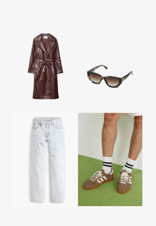 Burgundské kabát z umělé kůže s širokými klopami, dvouřadým zapínáním na knoflíky, páskem v pase a kapsami s klopami na bílém pozadí.; Hnědý rolák vyrobený z měkkého materiálu, s přiléhavým střihem, žebrovaným límcem a manžetami, a mírně zkráceným lemem.; Světle modré džíny s rovnými nohavicemi a vysokým pasem, které mají pět kapes, zapínání na knoflík vpředu a viditelné detaily šití.; Hnědé semišové tenisky s bílými akcenty a tkaničkami. Gumová podrážka. Nošeny s bílými ponožkami s černými pruhy. Zelená strukturovaná podlaha.; Hnědé a černé želvovinové sluneční brýle s ostrým kočičím okem, gradientními čočkami a silným rámem. Logo vytištěné na spáncích.; Hnědá kožená taška přes rameno s texturovaným povrchem, zakřiveným tvarem, zlatými kovovými prvky, nastavitelným popruhem a klopovým zapínáním.