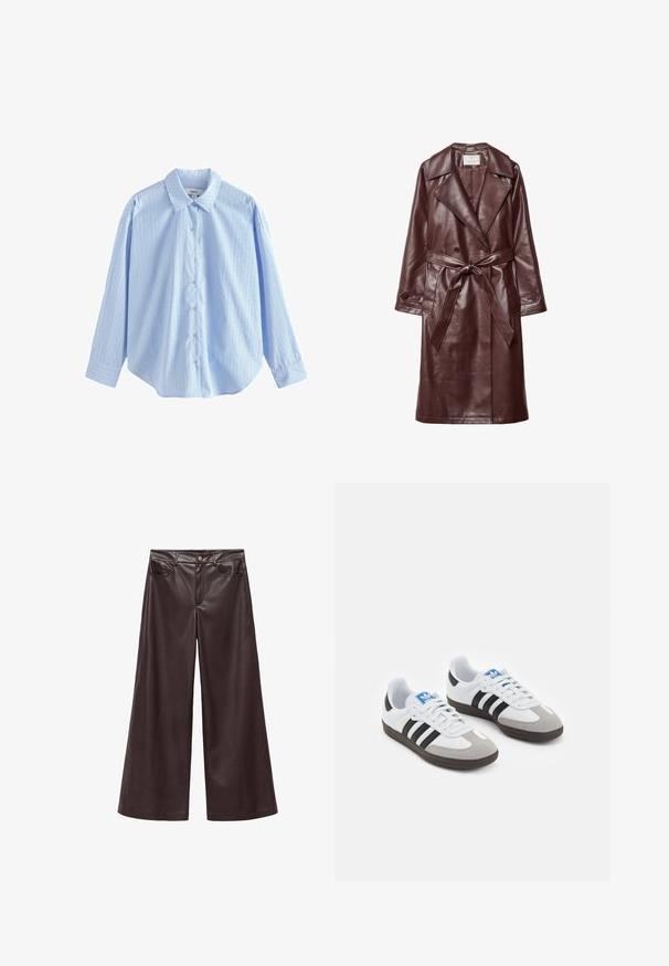 Burgundski plašč iz umetnega usnja s širokimi reverji, dvojno zapenjanje s gumbi, pasom in žepi s poklopcem na beli podlagi.; Svijetloplava košulja na dugih rukava od tkanine s vertikalnim bijelim prugama i malim točkama. Ima klasični ovratnik.; Rjave hlače širokega kroja iz umetnega usnja z visokim pasom, opremljene s sprednjimi žepi in klasičnim gumbom za zapiranje. Gladka tekstura in mat zaključek.; Športni čevlji z belim usnjenim zgornjim delom, sivim semišem na prstih in tremi črnimi črtami. Imajo modro logo na jeziku in teksturiran gumijast podplat.