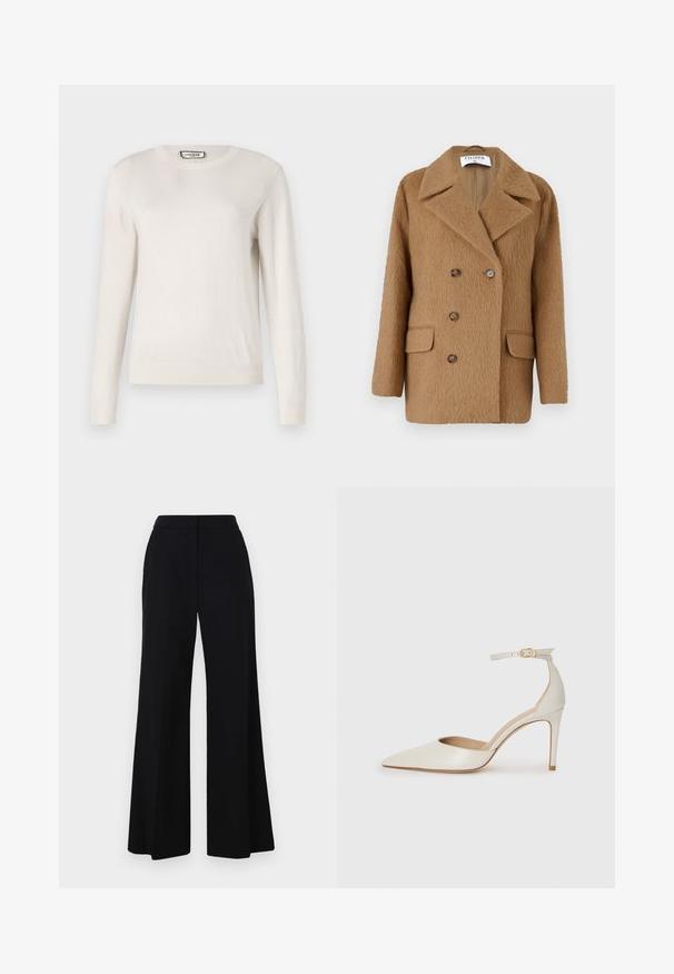 Cappotto marrone doppiopetto realizzato in un materiale simile alla lana con texture, dotato di due tasche frontali e bottoni rotondi marroni. Design con colletto a scollo.; Maglione lungo beige chiaro a maniche lunghe con colletto a giro, realizzato in morbido tessuto a maglia. Polsini e orlo a coste, texture liscia, design minimal.; Pantaloni neri a gamba larga con una vita alta, tessuto liscia e linee pulite. Nessun hardware visibile o motivi.; Scarpa col tacco alto in pelle bianca con punta affusolata, cinturino alla caviglia e tacco a stiletto sottile. Texture liscia con una finitura leggermente lucida.
