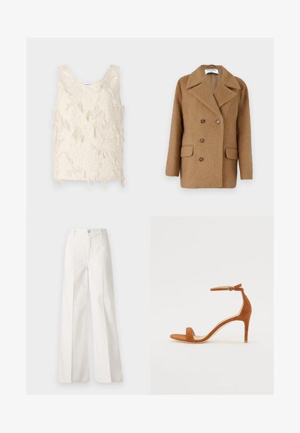 Hnedý dvojradový kabát z textúrovanej vlnitej látky, s dvoma prednými vreckami a okrúhlymi hnedými gombíkmi. Dizajn s rýhami na golieri.; Krémový bezrukávový top s textúrovaným, frkaným vzorom a hladkými okrajmi. Na výstrihu je uvedená značka "Marella."; Biele široké nohavice vyrobené z bavlny s hladkou textúrou. Obsahujú predný gombík, zips a dizajn so štyrmi vreckami.; Hnedé semišové sandále na vysokom podpätku s tenkým pásikom okolo členku a zlatou prackou, otvorenou špičkou a elegantným, minimalistickým dizajnom.